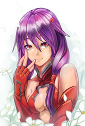 Rule 34 | 10s, 1girl, bare shoulders, blush, breasts, center opening, cleavage, detached sleeves, elbow gloves, fingerless gloves, flower, gloves, guilty crown, hair ornament, hairclip, hand on own cheek, hand on own face, highres, long hair, looking at viewer, mkd78236, petals, pink hair, red eyes, small breasts, smile, solo, twintails, yuzuriha inori