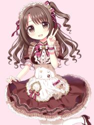 Rule 34 | 1girl, :d, apron, blush, brown dress, brown eyes, brown footwear, brown hair, checkerboard cookie, cookie, dress, fingernails, food, frilled apron, frills, hair between eyes, hand up, head tilt, high heels, idolmaster, idolmaster cinderella girls, long hair, one side up, open mouth, pantyhose, pink background, puffy short sleeves, puffy sleeves, ribbon-trimmed sleeves, ribbon trim, riria (happy strawberry), shimamura uzuki, shoes, short sleeves, simple background, skirt hold, smile, solo, v, waist apron, white apron, white pantyhose