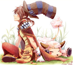 Rule 34 | 1boy, :3, amistr (ragnarok online), armor, blush, breastplate, brown cape, brown hair, brown headwear, brown pants, cape, closed mouth, commentary request, creator (ragnarok online), full body, fur-trimmed pants, fur trim, gloves, grass, hat, hat belt, kiri nada, living clothes, looking to the side, medium hair, pants, pointy ears, ponytail, pouch, ragnarok online, red eyes, sheep, shoes, short ponytail, signature, sitting, smile, teeth, top hat, white background, white gloves