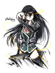 Rule 34 | 10s, 1girl, artist name, black hair, bow, bowtie, chikuma (kancolle), deel (rkeg), hair between eyes, highres, holding, holding mask, kantai collection, long hair, mask, pelvic curtain, red bow, red bowtie, sketch, solo, white background, yellow eyes