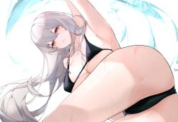 Rule 34 | 1girl, absurdres, arknights, arm behind head, armpits, ass, bad id, bad pixiv id, bikini, black bikini, breasts, cameltoe, commentary, english commentary, grey hair, highres, large breasts, leria v, long hair, looking at viewer, parted lips, red eyes, simple background, skadi (arknights), solo, swimsuit, thighs, very long hair, water, wet, white background