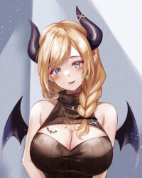 Rule 34 | 1girl, absurdres, aqua eyes, bare arms, bare shoulders, black horns, blonde hair, blush, breast tattoo, breasts, cleavage, cleavage cutout, clothing cutout, demon girl, demon horns, demon wings, earrings, green eyes, highres, hololive, horn ornament, horn ring, horns, jewelry, large breasts, long hair, looking at viewer, masaki (sibamasa), mismatched earrings, necklace, official alternate costume, parted lips, pointy ears, pom pom (clothes), pom pom earrings, sleeveless, sleeveless turtleneck, smile, solo, sweater, swept bangs, tattoo, turtleneck, turtleneck sweater, upper body, virtual youtuber, winged heart, wings, yuzuki choco, yuzuki choco (streetwear)