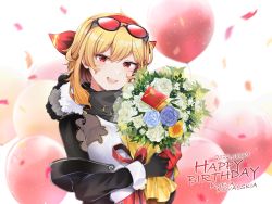 Rule 34 | 1girl, 2022, balloon, black bodysuit, black gloves, blonde hair, blue flower, bodysuit, bouquet, breasts, character name, commentary, confetti, dated, english commentary, eyewear on head, flower, gloves, hairband, happy birthday, highres, holding, holding bouquet, hololive, hololive indonesia, kaela kovalskia, large breasts, looking at viewer, mallet, medium hair, mitsumine (ookami no oyashiro), neck warmer, open mouth, red-tinted eyewear, red eyes, red hairband, smile, solo, tinted eyewear, two-tone bodysuit, upper body, virtual youtuber, white bodysuit, white flower, yellow flower