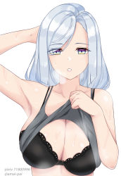 Rule 34 | 1girl, :o, amai-pai, arm behind head, arm up, armpits, artist name, bare arms, bare shoulders, black bra, blue eyes, bra, camisole, camisole lift, clothes lift, collarbone, genshin impact, highres, lifting own clothes, long hair, looking at viewer, parted lips, pixiv id, shenhe (genshin impact), silver hair, simple background, solo, steaming body, sweat, swept bangs, twitter username, underwear, upper body, white background