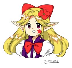 Rule 34 | 1girl, 2023, :d, blonde hair, bow, bowtie, dated, elis (touhou), facial mark, flower, hair bow, hair flower, hair ornament, long hair, long pointy ears, nonamejd, official style, open mouth, pointy ears, puffy sleeves, purple eyes, red bow, red bowtie, red flower, simple background, smile, solo, star (symbol), star facial mark, touhou, touhou (pc-98), upper body, white background, zun (style)