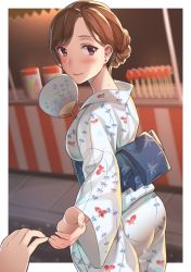 Rule 34 | 1girl, absurdres, ass, blurry, blush, braid, brown hair, candy, closed mouth, cowboy shot, depth of field, dutch angle, earrings, eyebrows, eyelashes, food, hand fan, highres, japanese clothes, jewelry, kimono, kitazawa (embers), looking at viewer, mole, mole on neck, obi, original, out of frame, outdoors, outside border, paper fan, pavement, pink lips, reaching, resolution mismatch, sash, smile, solo focus, source smaller, striped, stud earrings, summer festival, swept bangs, uchiwa, yukata