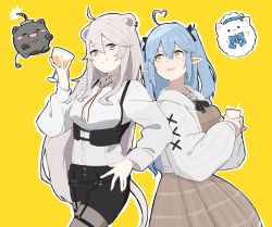 Rule 34 | 2girls, absurdres, ahoge, animal ears, black pantyhose, black shorts, blouse, blue hair, breasts, closed mouth, collared shirt, cup, donkoni, ear piercing, elf, fang, fang out, grey eyes, grey hair, hair between eyes, hand on own hip, heart, heart ahoge, highres, holding, holding cup, hololive, large breasts, lion ears, lion girl, lion tail, long hair, long sleeves, looking at another, multicolored hair, multiple girls, official alternate costume, open mouth, pantyhose, piercing, pointy ears, shirt, shishiro botan, shishiro botan (button-down), shorts, sidelocks, simple background, smile, ssrb (shishiro botan), standing, streaked hair, tail, very long hair, virtual youtuber, white shirt, yellow background, yellow eyes, yukihana lamy, yukihana lamy (casual), yukimin (yukihana lamy)