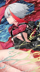 Rule 34 | 1girl, absurdres, admiral graf spee (azur lane), azur lane, bare legs, black dress, blue eyes, breasts, clothing cutout, commentary request, dress, expressionless, frilled dress, frills, from side, highres, leg up, legs folded, looking to the side, medium hair, midriff, multicolored hair, no bra, o-ring dress, osisio, red hair, red scarf, scarf, sideless outfit, small breasts, solo, streaked hair, thighs, two-tone hair, underboob, underboob cutout, upskirt, wet, wet clothes, white hair
