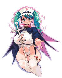 Rule 34 | 1girl, breasts, choker, cleavage, cloak, cropped legs, cross, cross earrings, earrings, flower, forehead jewel, green eyes, green hair, hair flower, hair ornament, headdress, highres, jewelry, large breasts, leg ribbon, matching hair/eyes, mugen no fantasia, navel, outline, outstretched arm, over-kneehighs, plump, ribbon, ryoji (nomura ryouji), simple background, smile, solo, staff, thigh ribbon, thighhighs, torn clothes, twintails, white background, white thighhighs