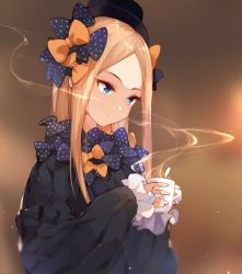 Rule 34 | 1girl, abigail williams (fate), black bow, black hat, blonde hair, blue eyes, blurry, blurry background, bow, closed mouth, commentary request, cup, depth of field, fate/grand order, fate (series), forehead, frilled sleeves, frills, from side, hair bow, hana mori, hat, highres, holding, holding cup, light particles, long hair, looking down, multiple hair bows, orange bow, parted bangs, polka dot, polka dot bow, solo, steam, upper body