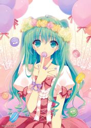 Rule 34 | 1girl, absurdres, artist name, balloon, blue nails, bow, bracelet, covering own mouth, dress, earrings, eating, flower, flower on head, food, green eyes, green hair, head wreath, highres, jewelry, looking at viewer, macaron, applying manicure, matching hair/eyes, nail polish, pink bow, pink dress, puffy short sleeves, puffy sleeves, short sleeves, solo, suzuhira hiro, two side up