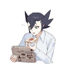 Rule 34 | 1boy, black hair, blue eyes, bread, collared shirt, commentary, creatures (company), elite four, eyelashes, food, game freak, grimsley (pokemon), hair between eyes, hand up, holding, holding newspaper, long sleeves, looking down, lower teeth only, male focus, mongguri, newspaper, nintendo, open mouth, pokemon, pokemon bw, reading, shirt, short hair, simple background, solo, spiked hair, symbol-only commentary, teeth, tongue, white background, white shirt