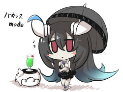 Rule 34 | 1girl, abyssal ship, anchorage water oni, aqua hair, black hair, blue flower, blue rose, blush stickers, chibi, commentary request, flower, food, frilled swimsuit, frills, full body, goma (gomasamune), hair between eyes, highres, horns, ice cream, ice cream float, kantai collection, looking at viewer, multicolored hair, open mouth, parasol, red eyes, rose, shoes, sleeveless, standing, swimsuit, translation request, umbrella