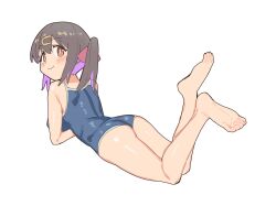 Rule 34 | 1girl, ass, bare arms, bare legs, bare shoulders, barefoot, black hair, blue one-piece swimsuit, blush, breasts, commentary, feet up, from behind, full body, hair between eyes, hair ornament, hairclip, highres, karubi (karubi465558), looking at viewer, looking back, lying, medium breasts, medium hair, multicolored hair, on stomach, one-piece swimsuit, onii-chan wa oshimai!, oyama mihari, purple hair, simple background, smile, soles, solo, swimsuit, the pose, toes, twintails, two-tone hair, white background