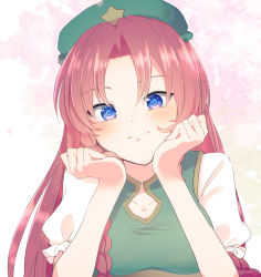 Rule 34 | 1girl, :3, absurdres, aoi (annbi), blush, braid, breasts, cleavage, cleavage cutout, closed mouth, clothing cutout, frilled sleeves, frills, green headwear, hands on own cheeks, hands on own face, highres, hong meiling, long hair, looking at viewer, medium breasts, parted bangs, pink background, puffy short sleeves, puffy sleeves, purple eyes, red hair, short sleeves, smile, solo, star (symbol), straight hair, touhou, twin braids, upper body