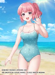 Rule 34 | 1girl, alternate costume, bare shoulders, blue one-piece swimsuit, blush, commentary, cowboy shot, kemono friends, kemono friends opening day, looking at viewer, menna (0012), nana (kemono friends), one-piece swimsuit, open mouth, pink eyes, pink hair, polka dot, polka dot swimsuit, short hair, side ponytail, smile, solo, spaghetti strap, swimsuit, waving