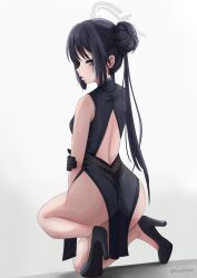 Rule 34 | 1girl, absurdres, ass, back cutout, black dress, black gloves, black hair, blue archive, breasts, china dress, chinese clothes, clothing cutout, dress, from behind, full body, gloves, grey eyes, hair bun, halo, high heels, highres, holding own arm, hotpeople, kisaki (blue archive), lavriell, long hair, looking at viewer, looking back, medium breasts, on one knee, parted lips, pelvic curtain, shoe soles, short dress, side slit, small breasts, solo, thighs, tiptoes, twintails, very long hair, white background