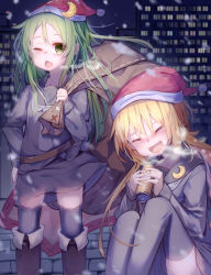 Rule 34 | 2girls, black serafuku, black thighhighs, blonde hair, can, canned coffee, chestnut mouth, cityscape, closed eyes, crescent, crescent hair ornament, crescent pin, drink can, feet out of frame, fur-trimmed headwear, fur trim, green eyes, green hair, hair ornament, hand on own hip, hat, highres, kantai collection, logiclr, long hair, looking at viewer, multiple girls, nagatsuki (kancolle), necktie, night, outdoors, red headwear, sack, santa hat, satsuki (kancolle), school uniform, serafuku, smile, snow, standing, thighhighs, twintails, white neckwear