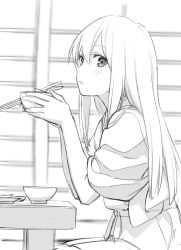 Rule 34 | 10s, 1girl, akagi (kancolle), bad id, bad twitter id, bowl, chopsticks, eating, greyscale, holding, holding bowl, indoors, kantai collection, kinosuke (sositeimanoga), long hair, looking at viewer, monochrome, open mouth, sitting, solo, table
