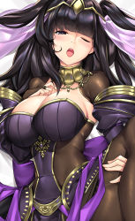 Rule 34 | 1girl, ;o, bed sheet, black eyes, black hair, blunt bangs, blush, bodystocking, breasts, bridal gauntlets, close-up, dakimakura (medium), dress, fire emblem, fire emblem awakening, hand on own chest, jewelry, knee up, large breasts, long hair, looking at viewer, nintendo, official alternate costume, one eye closed, open mouth, solo, tharja (bridal) (fire emblem), tharja (fire emblem), tiara, tongue, tony guisado, two side up, upper body, veil, wedding dress