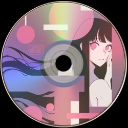 Rule 34 | 1girl, abstract, black background, black hair, blunt bangs, cd, circle, dhjs 0010, hand up, long hair, original, parted lips, pink eyes, portrait, ringed eyes, solo