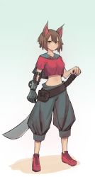 Rule 34 | 1girl, absurdres, animal ears, breasts, brown hair, closed mouth, crop top, fang, fang out, green eyes, highres, kiritzugu, large breasts, looking at viewer, mechanical arms, navel, original, red footwear, shoes, short hair, single mechanical arm, sneakers, solo, sword, weapon