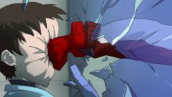 Rule 34 | 1boy, 1girl, abuse, brown hair, evangelion: 3.0 you can (not) redo, fists, glass, gloves, hand, head out of frame, highres, hospital gown, ikari shinji, jacket, neon genesis evangelion, punching, rebuild of evangelion, soryu asuka langley