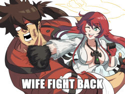 Rule 34 | 1boy, 1girl, black gloves, bodysuit, breasts, brown hair, cleavage, spiked halo, couple, emphasis lines, face punch, fingerless gloves, gloves, guilty gear, guilty gear strive, halo, headband, highres, husband and wife, in the face, jack-o&#039; valentine, long hair, macro, medium breasts, meme, multicolored hair, muscular, muscular male, ponytail, punching, red hair, smile, sol badguy, spiked hair, tina fate, two-tone hair, white hair