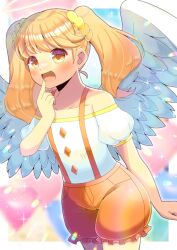 Rule 34 | 1girl, :d, bare shoulders, blonde hair, brown eyes, collarbone, commentary request, commission, feathered wings, finger to mouth, frilled shorts, frills, hair ornament, hair scrunchie, hand up, kou hiyoyo, looking at viewer, off-shoulder shirt, off shoulder, open mouth, poet (pop&#039;n music), pop&#039;n music, puffy short sleeves, puffy shorts, puffy sleeves, scrunchie, shirt, short sleeves, shorts, skeb commission, smile, solo, suspender shorts, suspenders, twintails, white shirt, white wings, wings, yellow scrunchie