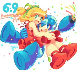 Rule 34 | 1boy, 1girl, android, arm cannon, blonde hair, blue eyes, blush, confetti, dress, full body, green eyes, happy, high ponytail, iroyopon, long hair, mega man (character), mega man (classic), mega man (series), one eye closed, open mouth, ponytail, red dress, red footwear, roll (mega man), simple background, smile, weapon