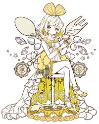 Rule 34 | 1girl, cup, dress, elina (e2n04n), flower ornament, fork, hair ornament, holding, holding cup, original, ribbon, sitting, spoon, teacup, white dress, yellow footwear