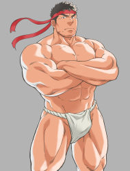 Rule 34 | 1boy, abs, bara, black hair, bulge, collarbone, commentary, crossed arms, fundoshi, headband, highres, japanese clothes, large pectorals, looking at viewer, male focus, male underwear, mature male, muscular, muscular male, navel, pectorals, ryu (street fighter), short hair, sideburns, solo, stomach, street fighter, tetsu (kurotetsu1379), thick thighs, thighs, topless male, underwear, underwear only, white male underwear, wind