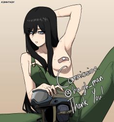 Rule 34 | 1girl, arm behind head, arm up, armpits, artist name, bandaid, bandaids on nipples, bare shoulders, black hair, blue eyes, breasts, collarbone, commentary, commission, english commentary, english text, green overalls, hair between eyes, helmet, highres, k3nnyn3v, long hair, looking at viewer, original, overalls, parted lips, pasties, sidelocks, simple background, sitting, sleeveless, solo, sweat, thank you
