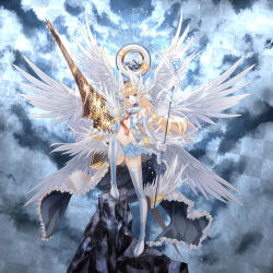 Rule 34 | 1girl, angel wings, blonde hair, blue eyes, boots, chun (friendly sky), elbow gloves, full body, gloves, highres, long hair, looking at viewer, magika no kenshi to basileus, open mouth, solo, thigh boots, thighhighs, white wings, wings