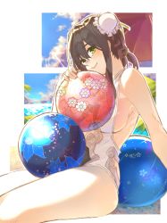 Rule 34 | 1girl, absurdres, ball, beachball, black hair, blue sky, blush, border, breasts, bun cover, cloud, double bun, fate/grand order, fate (series), green eyes, highres, large breasts, looking at viewer, mitsurugi sugar, ocean, one-piece swimsuit, palm tree, qin liangyu (fate), short hair, sideboob, sky, smile, solo, swimsuit, tree, twitter username, white border, white one-piece swimsuit
