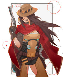 Rule 34 | 1girl, belt, border, breasts, brown gloves, brown hair, cape, cassidy (overwatch), cigar, commentary, covered eyes, cowboy hat, cowboy shot, english commentary, english text, facing viewer, genderswap, genderswap (mtf), gloves, grey border, grin, gun, hand on own hip, hand up, handgun, hat, hat over eyes, highres, holding, holding gun, holding weapon, holster, long hair, mechanical arms, medium breasts, mizu (dl7613), overwatch, overwatch 1, revolver, short sleeves, simple background, single mechanical arm, smile, smoking, solo, standing, weapon, white background