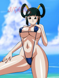 Rule 34 | 10s, 1girl, bare shoulders, beach, bikini, black eyes, breasts, cleavage, cloud, curvy, dicasty, dragon ball, dragon ball super, dragonball z, female focus, highres, large breasts, long hair, looking at viewer, nail polish, navel, ocean, shiny skin, sky, slingshot swimsuit, smile, solo, stomach, swimsuit, thick thighs, thighs, water, yurin (dragon ball)
