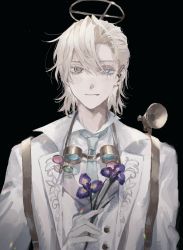Rule 34 | 1boy, absurdres, blue eyes, blue necktie, bruise, bruised eye, closed mouth, earrings, fang, fang out, flower, gloves, goggles, goggles around neck, hair between eyes, half-closed eye, halo, highres, holding, holding flower, identity v, implied yaoi, injury, inupicnic, iris (flower), jacket, jewelry, long sleeves, looking at viewer, luca balsa, luca balsa (paranormal detective), male focus, mechanical halo, necktie, purple flower, shirt, simple background, single earring, smile, solo, suspenders, upper body, white gloves, white hair, white shirt