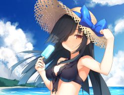Rule 34 | 10s, 1girl, arm up, beach, bikini, bikini top only, black bikini, black hair, blue sky, breasts, brown eyes, cleavage, cloud, cloudy sky, day, food, front-tie bikini top, front-tie top, hair over one eye, hand on headwear, hat, hat ribbon, hayashimo (kancolle), highres, kantai collection, looking at viewer, mafuyun, medium breasts, outdoors, popsicle, ribbon, sidelocks, sky, smile, solo, straw hat, sun hat, swimsuit, upper body