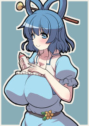 Rule 34 | 1girl, blue background, blue dress, blue eyes, blue hair, blush, bottle, breasts, cleavage, closed mouth, collarbone, commentary request, daisy, dress, emina, flower, hair ornament, hair rings, hair stick, hands up, highres, holding, holding bottle, huge breasts, kaku seiga, looking at viewer, outline, puffy short sleeves, puffy sleeves, short hair, short sleeves, simple background, smile, solo, touhou, upper body, vest, white outline, white vest, yellow flower