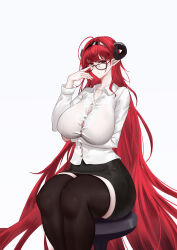 Rule 34 | 1girl, absurdly long hair, absurdres, adjusting eyewear, aged up, arms under breasts, azur lane, bespectacled, black horns, black skirt, black thighhighs, breasts, bursting breasts, button gap, collared shirt, curled horns, dress shirt, glasses, highres, hindenburg (azur lane), horns, huge breasts, long hair, looking at viewer, mature female, miniskirt, mu zhifeng, office lady, pointy ears, red eyes, red hair, shirt, simple background, sitting, skirt, solo, taut clothes, taut shirt, thighhighs, very long hair, white background, white shirt, zettai ryouiki