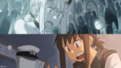 Rule 34 | 1boy, 2girls, ?, abyssal ship, admiral (kancolle), body switch, check commentary, colored skin, commentary request, enemy aircraft (kancolle), ergot, faceless, faceless male, fubuki (kancolle), green eyes, hat, horns, kantai collection, kimi no na wa., lycoris fubuki, multiple girls, open mouth, peaked cap, personality switch, pointy ears, red eyes, sailor collar, short hair, short ponytail, sidelocks, spoken question mark, surprised, sweatdrop, translation request, white skin