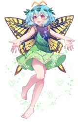 Rule 34 | 1girl, absurdres, antennae, aqua hair, barefoot, blush, butterfly wings, dress, eternity larva, fairy, full body, green dress, hair between eyes, highres, insect wings, kaoling, leaf, leaf on head, looking at viewer, multicolored clothes, multicolored dress, open mouth, orange eyes, short hair, short sleeves, simple background, smile, solo, touhou, white background, wings
