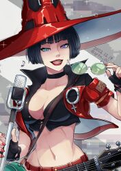 Rule 34 | 1girl, black hair, blue eyes, breasts, electric guitar, guilty gear, guilty gear strive, guitar, hat, heterochromia, highres, holding, holding removed eyewear, i-no, instrument, large breasts, lipstick, makeup, microphone, microphone stand, mole, mole above mouth, nail polish, navel, open mouth, purple eyes, red hat, red lips, red nails, short hair, smile, solo, sptn 00, unworn eyewear, witch hat
