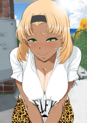 Rule 34 | 1girl, animal print, black hairband, blonde hair, blurry, blurry background, blush, breasts, cleavage, closed mouth, clothes around waist, cloud, covering privates, covering breasts, cowboy shot, day, denim, downblouse, embarrassed, covered erect nipples, female focus, flower, green eyes, gyaru, hairband, hanging breasts, highres, jeans, large breasts, leaning forward, leopard print, looking at viewer, medium hair, mature female, minamida usuke, no bra, nose blush, ocean, original, outdoors, pants, sky, solo, standing, sun, sunflower, sweatdrop, tan, tanline, tomodachi no mama roshutsu jiyuu kenkyuu, water