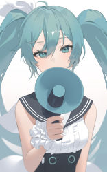 Rule 34 | 1girl, ahoge, aqua eyes, aqua hair, bare shoulders, breasts, covered mouth, eyelashes, frilled cuffs, frills, hair between eyes, hatsune miku, highres, holding, long hair, looking at viewer, microphone, seon (seonon ), simple background, sleeveless, solo, symbol-only commentary, twintails, upper body, vocaloid, white background