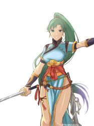 Rule 34 | 1girl, fire emblem, fire emblem: the blazing blade, green eyes, green hair, highres, holding, holding sword, holding weapon, kyou (ningiou), long hair, looking at viewer, lyn (fire emblem), nintendo, ponytail, simple background, smile, solo, sword, very long hair, weapon, white background