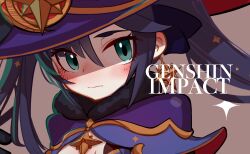Rule 34 | 1girl, absurdres, black pantyhose, blue eyes, breasts, closed mouth, earrings, english text, genshin impact, hat, highres, iwasawayuki, jewelry, legs, medium breasts, mona (genshin impact), pantyhose, purple hair, solo, thighs, twintails, witch hat