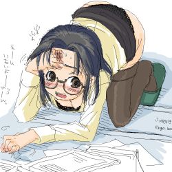 Rule 34 | 1girl, all fours, black panties, black thighhighs, bra, breasts, cleavage, downblouse, fallen down, glasses, lace, lace-trimmed panties, lace trim, large breasts, lingerie, oekaki, office lady, panties, pencil skirt, skirt, solo, thighhighs, underwear