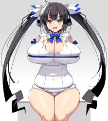 Rule 34 | 1girl, absurdres, black hair, blue eyes, blunt bangs, bow, bowtie, breasts, covered navel, dress, dungeon ni deai wo motomeru no wa machigatteiru darou ka, gloves, gluteal fold, hestia (danmachi), highres, huge breasts, kouno (masao), looking at viewer, open mouth, skindentation, sleeveless, solo, teeth, thick thighs, thighs, tongue, twintails